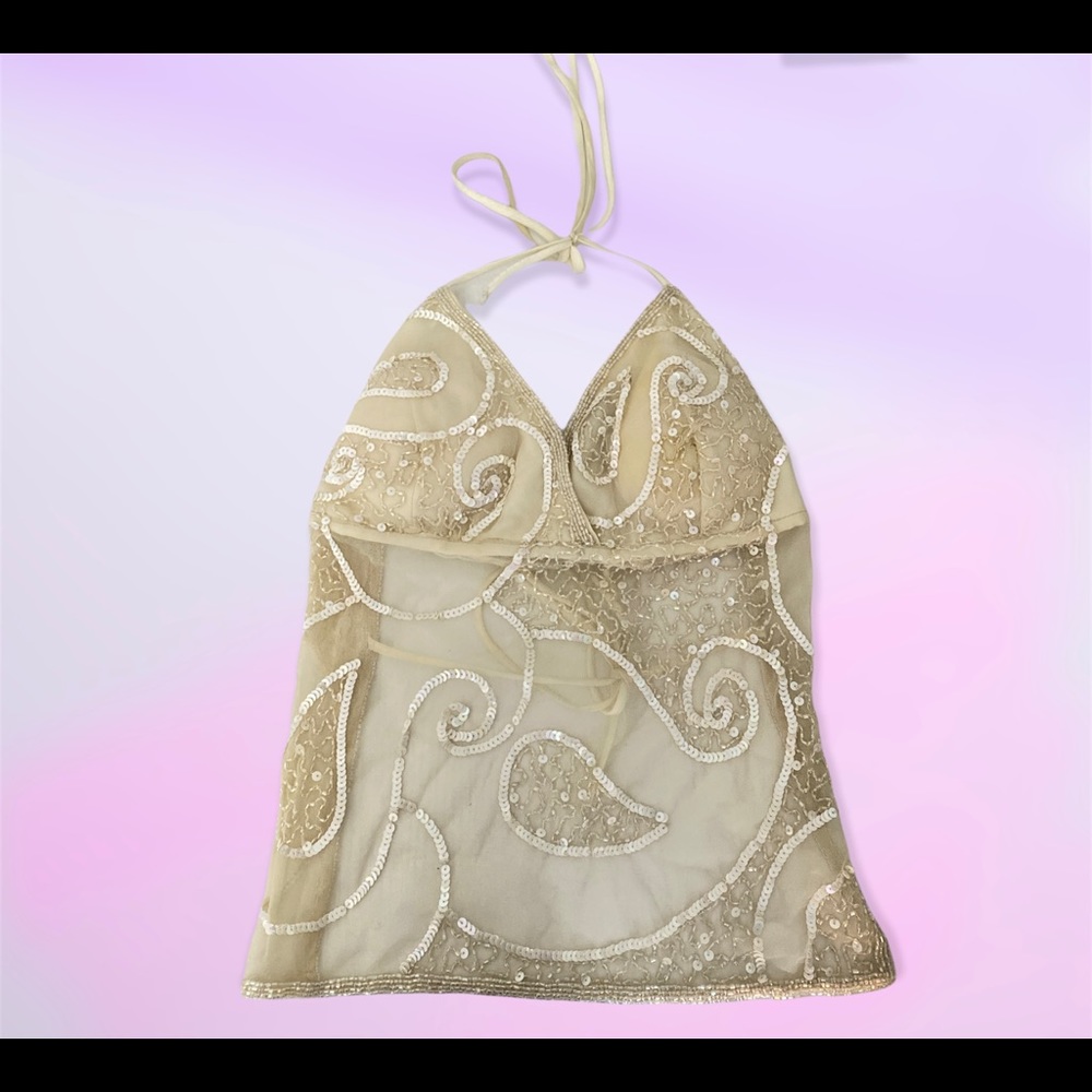 Rare Beaded Mesh Halter Top